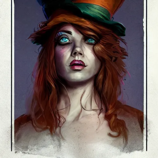 Prompt: realistic, full body portrait, attractive grungy female mad hatter, by Jordan Grimmer and greg rutkowski, crisp lines and color,