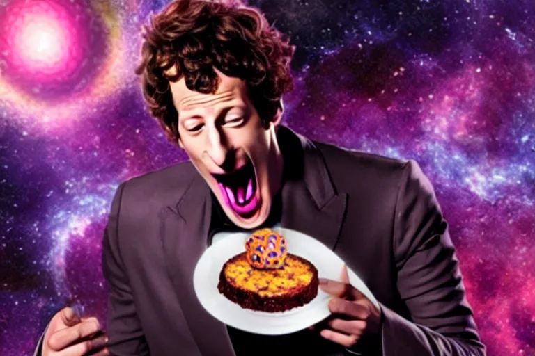 Image similar to a cinematic still of ((andy samberg)) ferociously eating a galaxy, galactus!!!!, masterpiece, (monster), (empty black void)