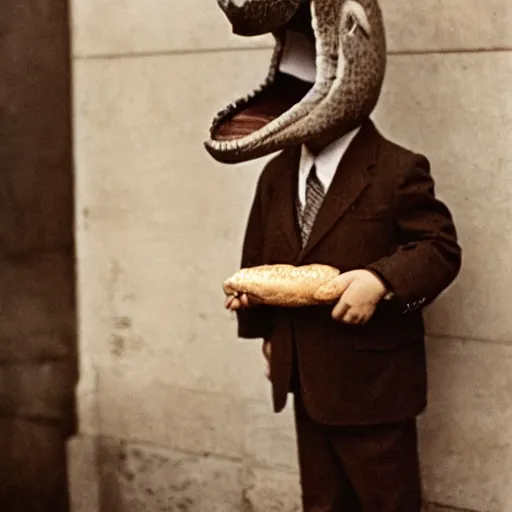 Image similar to a real photo by saul leiter of a small anthropomorphic dinosaur wearing a suit and standing in paris while holding a baguette, by helen levitt