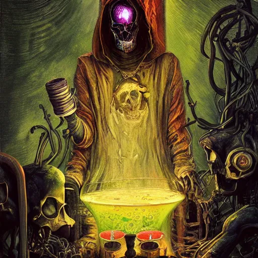 Image similar to a death tarot featuring bill cosby mixing drinks in a cyberpunk voodoo style by anton semenov and android jones and Alfred Munnings, oil on canvas