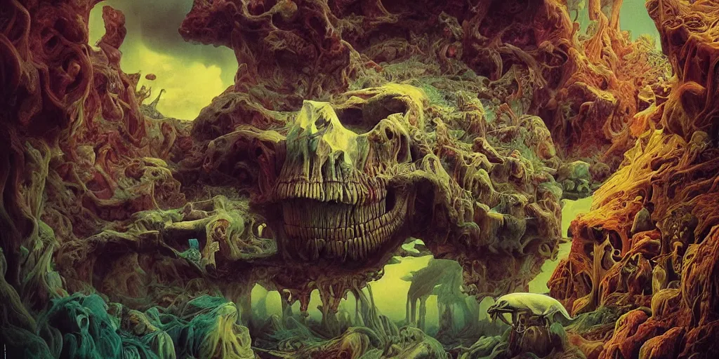 Prompt: ultrawide angle colour masterpiece surreal closeup portrait photography of surrealism by annie leibovitz and michael cheval, incredible sense of depth and perspective and clarity, weird surreal epic psychedelic complex biomorphic 3 d fractal landscape giant beast skull by kilian eng and roger dean and giger and salvador dali and beksinski, 8 k