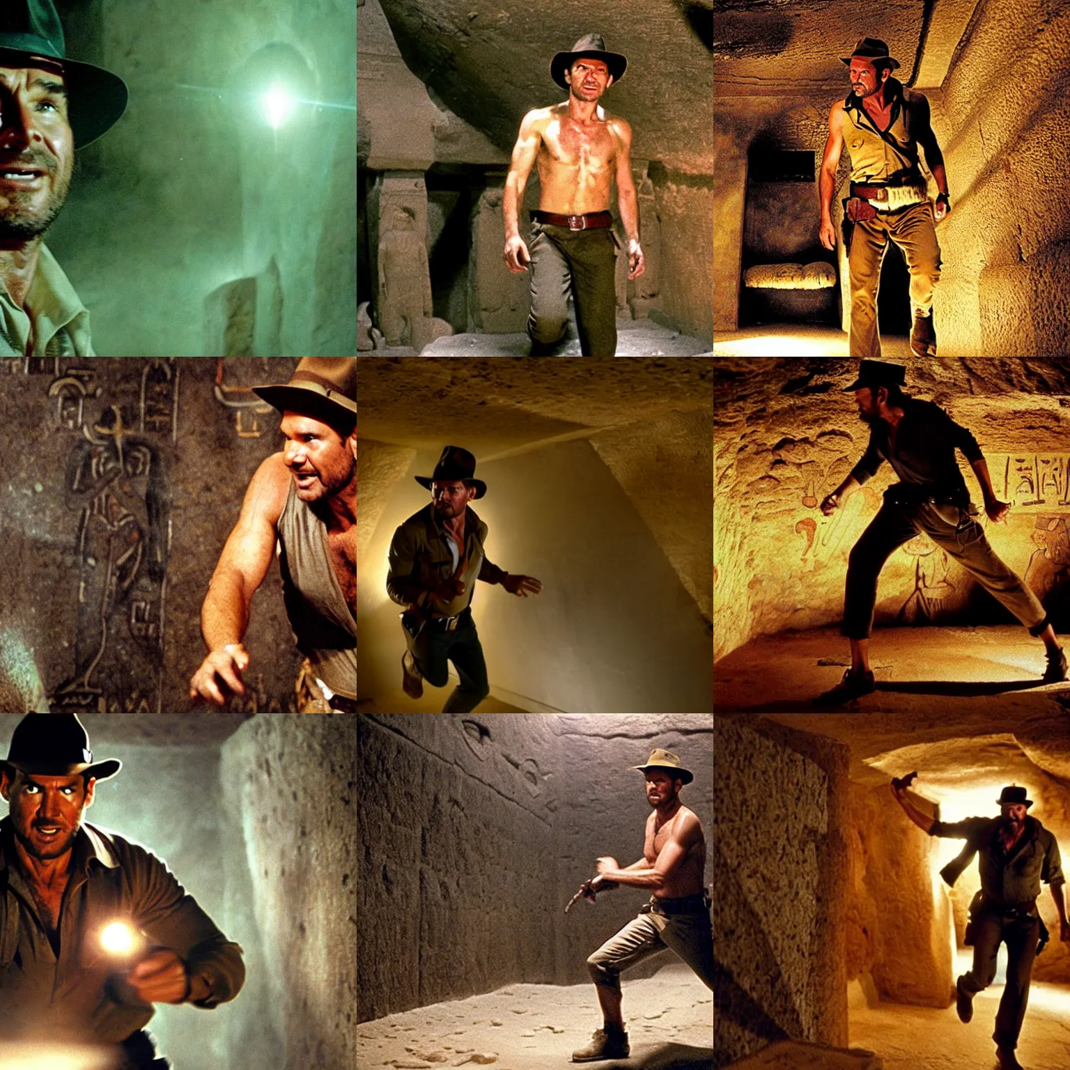 Prompt: indiana jones runs from avacado in egyptian tomb, perfectly lit. movie still