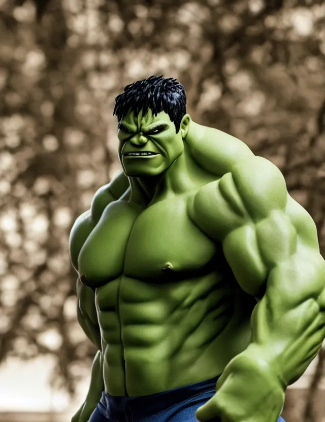 Image similar to photo of hulk but he's fat and has no muscles, 8 5 mm f / 1. 8, bokeh, backlit