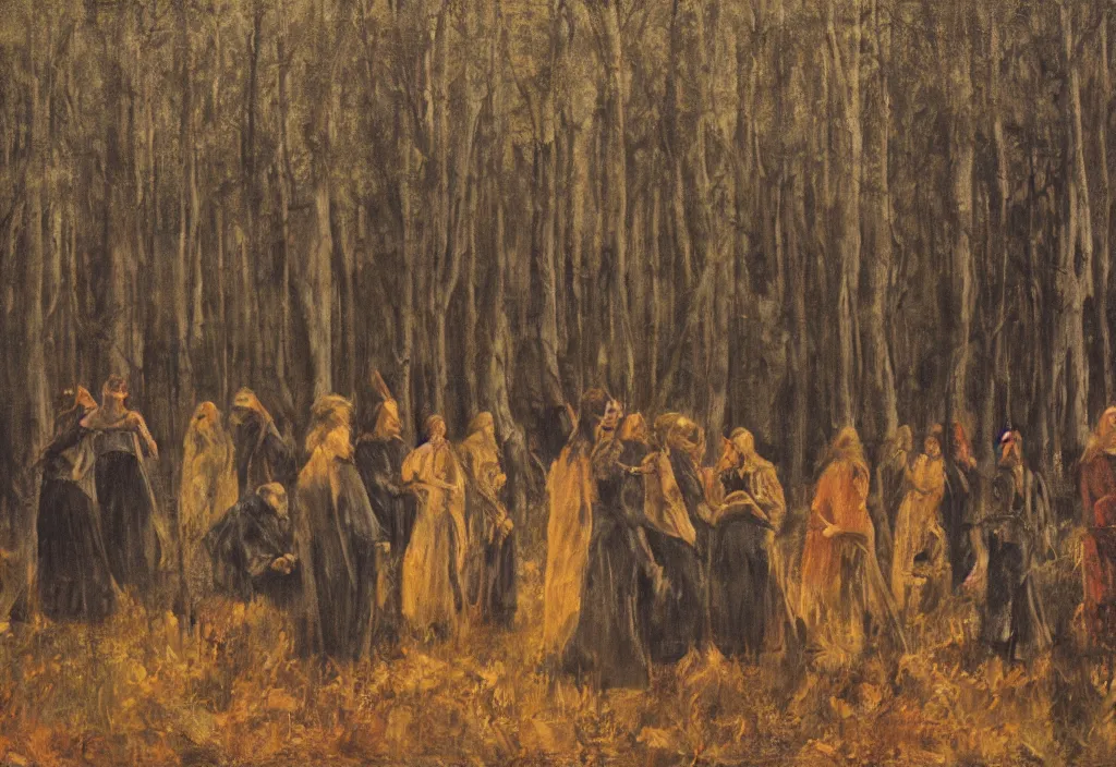 Image similar to a tribe of women gathered in a forest, north, mysterious, dark, oil painting, ominous, by hjalmar munsterhjelm, by fanny churberg