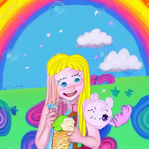 Image similar to adorable little albino girl with blonde dreads eating ice cream, smiling, sitting on top of a rainbow, high quality, fantasy, stars, rainbow, care bear land with my little pony vibes, concept art