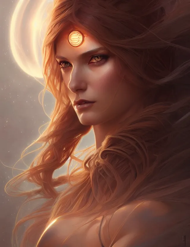 Image similar to futuristic woman portrait, sci-fi, amber eyes, face, long hair, fantasy, intricate, elegant, highly detailed, digital painting, artstation, concept art, smooth, sharp focus, illustration, art by artgerm and greg rutkowski and alphonse mucha