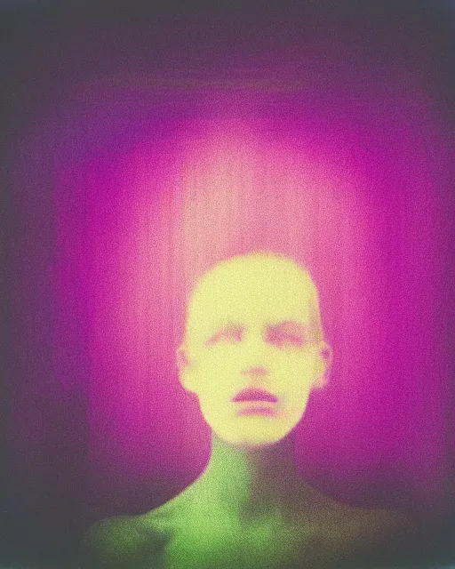 Image similar to featureless woman's face, blank expression, violet and yellow and green lighting, polaroid photo, 1 9 8 0 s cgi, atmospheric, whimsical and psychedelic, grainy, expired film, super glitched, corrupted file, ghostly, bioluminescent