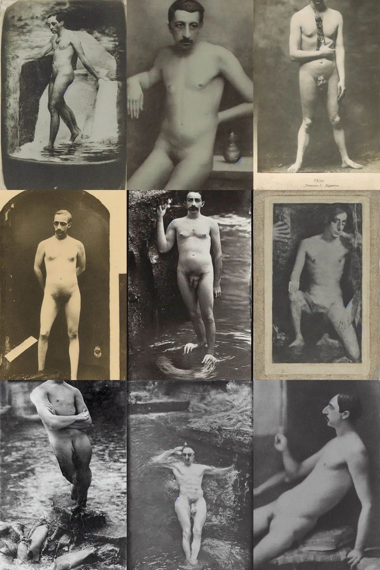 Prompt: daguerrotype of Alfonso XIII undressed taking a bath in a creek