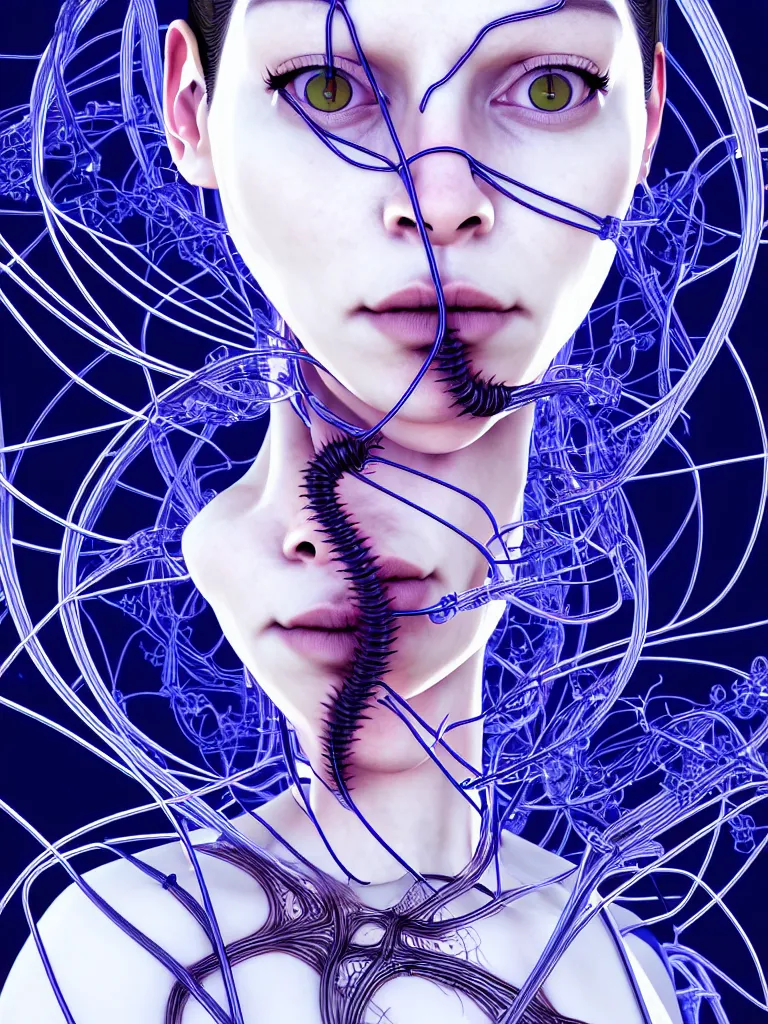 Prompt: x - rays and bioscans, new ai race, inspired by æon flux, hideo kojima, mobius, and botticelli, pre - raphaelite, shoujo manga, ferrofluid, quantum deep magic, uncanny, mesmerizing, wires, veins, ultrafine inklines, 4 k photorealistic, full shot,