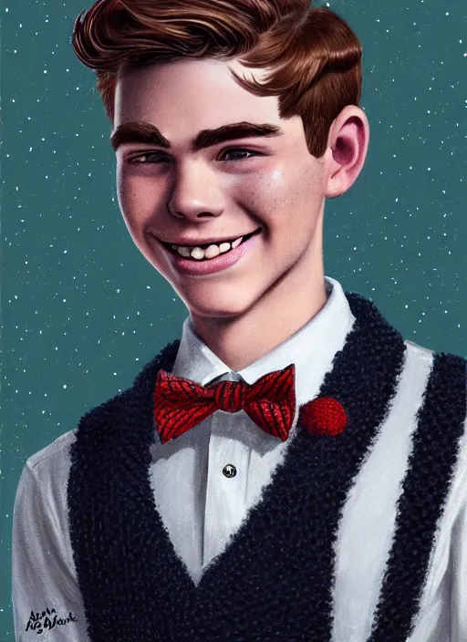 Image similar to portrait of teenage archie andrews, freckles, curly middle part haircut, curly hair, middle part hairstyle, smiling kindly, wearing a bowtie and sweater vest, intricate, elegant, glowing lights, highly detailed, digital painting, artstation, concept art, smooth, sharp focus, illustration, art by wlop, mars ravelo and greg rutkowski