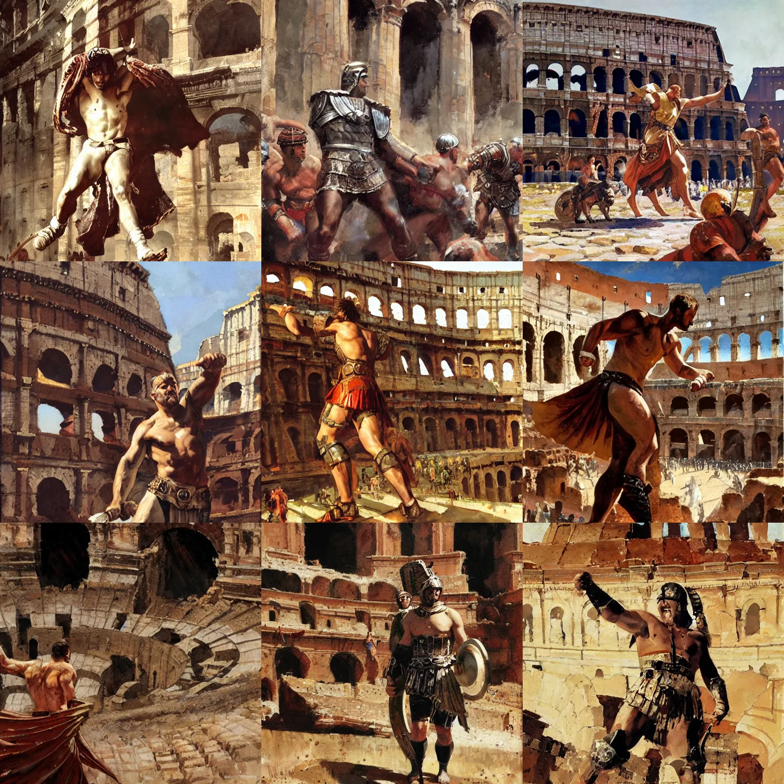 Prompt: triumphant gladiator in the middle of the colosseum, detailed by greg manchess, craig mullins, bernie fuchs, walter everett