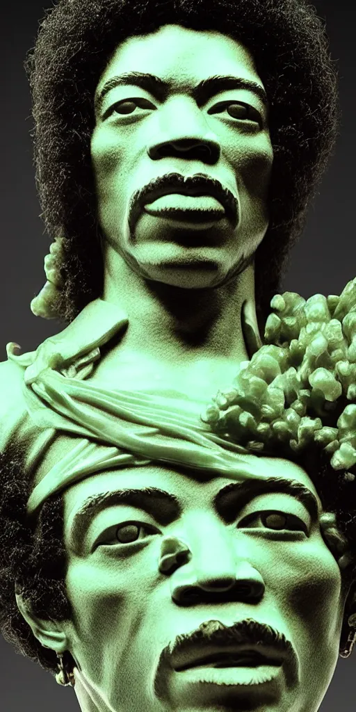 Image similar to detailed photo of a jade translucent statue of jimi hendrix, full body portrait, glowing in the dark, photorealism, intricate detail, museum diffuse lighting