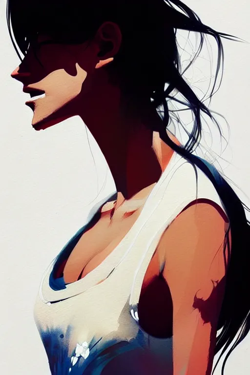 Image similar to a ultradetailed beautiful painting of a stylish woman with a white tank top, by conrad roset, greg rutkowski and makoto shinkai trending on artstation