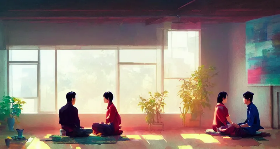 Prompt: wide shot of asian couple looking at each other, sitting in rural living room, group of table fans placing around the room, day light, colorful mood, digital illustration by kyuyong eom and ruan jia, artstation behance pinterest