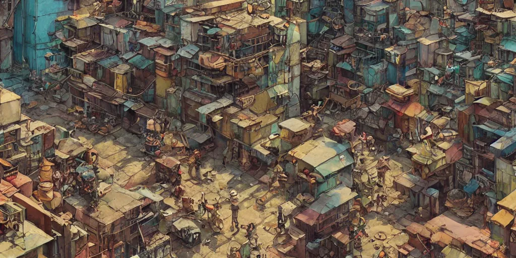 Prompt: a film still from Tekkonkinkreet by Ian McQue , a dusty street of favela city, vibrant, 50mm lens, video game character and environment design, 2d game lineart behance hd, studio, dramatic lighting, cinematic, global illumination, trending on Artstation, bloom