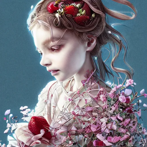 Image similar to the portrait of an absurdly beautiful, graceful, elegant, sophisticated, fashionable little girl made of strawberries and white petals looking down, an ultrafine hyperdetailed illustration by kim jung gi, irakli nadar, intricate linework, bright colors, octopath traveler, final fantasy, unreal engine 5 highly rendered, global illumination, radiant light, detailed and intricate environment