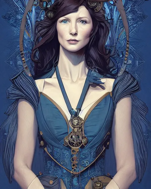 Prompt: in the style of joshua middleton, artgerm, beautiful caitriona balfe, steampunk, full body, blue dress, elegant pose, middle shot, spooky, symmetrical face, symmetrical eyes, detailed realisitc eyes, detailed realistic eyes, detailed and intricate