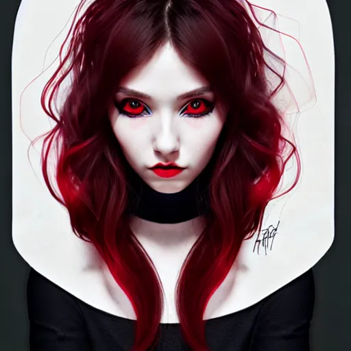 Prompt: a realistic illustration portrait of a beautiful cute girl with wavy black and red hair, a pointy nose and, round chin black eyeliner, trending on artstation, hyper - realistic lighting, intricate, ross tran, realistic hair