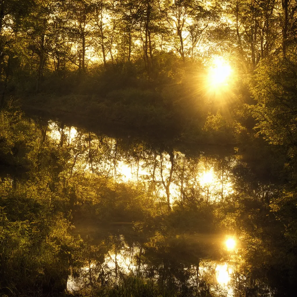 Prompt: river in a forest, golden hour, ray tracing reflection, 8 k, hyper realistic, insainly detailed, hdr, octan render