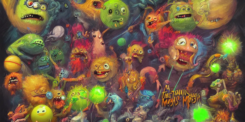 Image similar to a cinematic poster of tennis ball monsters, digital art, fantasy, magic, chalk, chalked, trending on artstation, ultra detailed, detailed, fine details, professional illustration by basil gogos