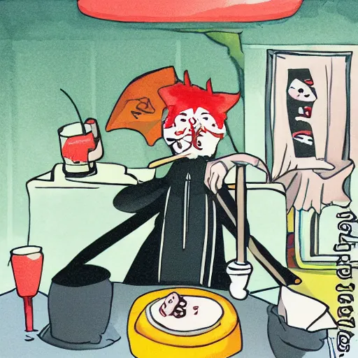 Image similar to vampire clown spins sushi at the table