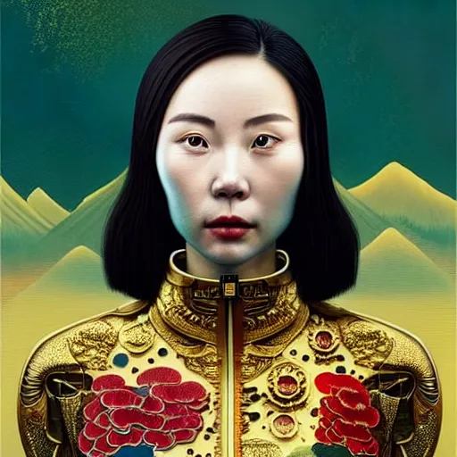 Image similar to portrait of a chinese woman :: side profile :: blood :: background sea :: intricate details in gold :: clockwork oxygen implant :: 8k :: simon stalenhag and Sandra Chevrier