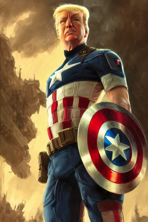 Prompt: a distant cinematic shot of Donald Trump as Captain America, D&D, fantasy, intricate, elegant, highly detailed, digital painting, artstation, concept art, matte, smooth, sharp focus, illustration, art by Artgerm and Greg Rutkowski and Alphonse Mucha, oil painting, 8k, hyper realistic