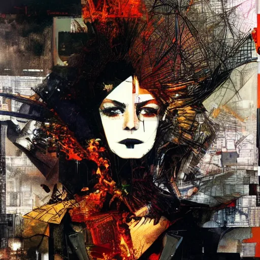 Image similar to she is burning her digital past with glitched flames made of bits, oil on canvas by dave mckean and yoji shinkawa