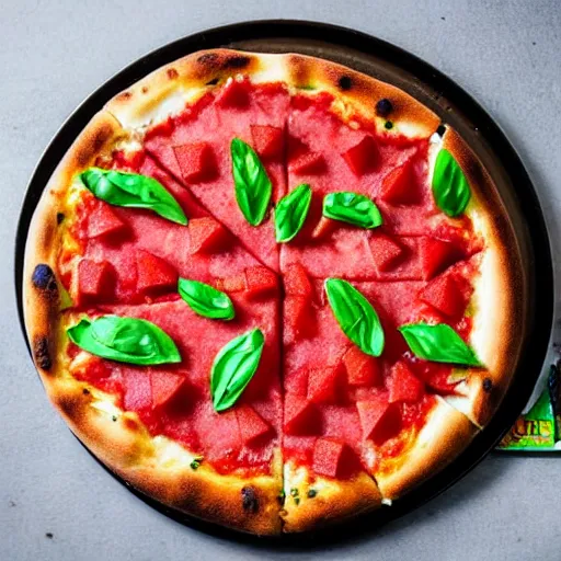 Image similar to a pizza topped with watermelon