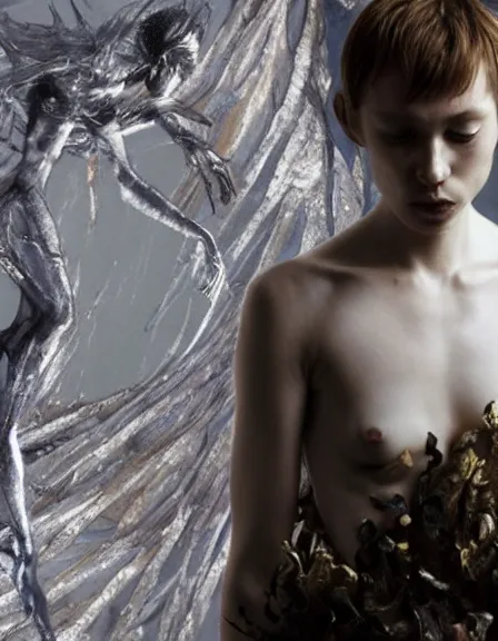 Prompt: still frame from Prometheus movie by Makoto Aida, hybrid dryad by Iris van Herpen painted by Caravaggio and by Yoshitaka Amano by Yumihiko Amano by Makoto Aida