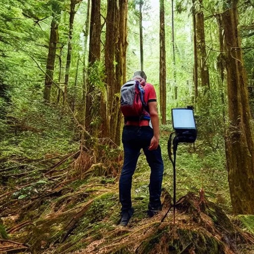 Prompt: a photo of a person looking down at a go pro they discovered in the forest