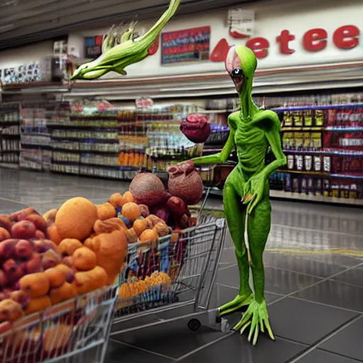 Image similar to mid shot of an realistic alien dressed by emidio tucci buying groceries at the store, shot by amanda carlson and alex strelkovv, professional photo, masterpiece, very detailed, hyper - realistic, unreal engine, straight face, cinematic, 4 k