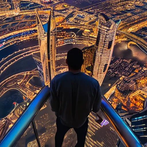 Image similar to closeup of a man [ standing on the pinnacle of the burj khalifa ]!!, holding a camera, viewing out into a futuristically adequate city, dusk atmosphere, digital art illustrated by max hay and greg rutkowski, [ synthwave ]!!, golden ratio!!, centered!!