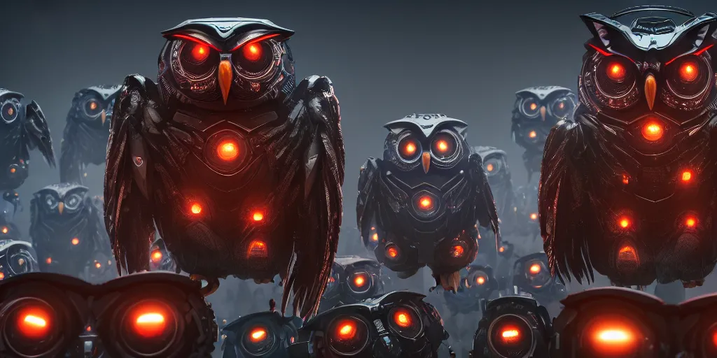 Image similar to an army of evil, malevolent, giant cyborg owls surrounded by computers and computer screens. this 4 k hd image is trending on artstation, featured on behance, well - rendered, extra crisp, features intricate detail and the style of unreal engine. volumetric lighting octane render