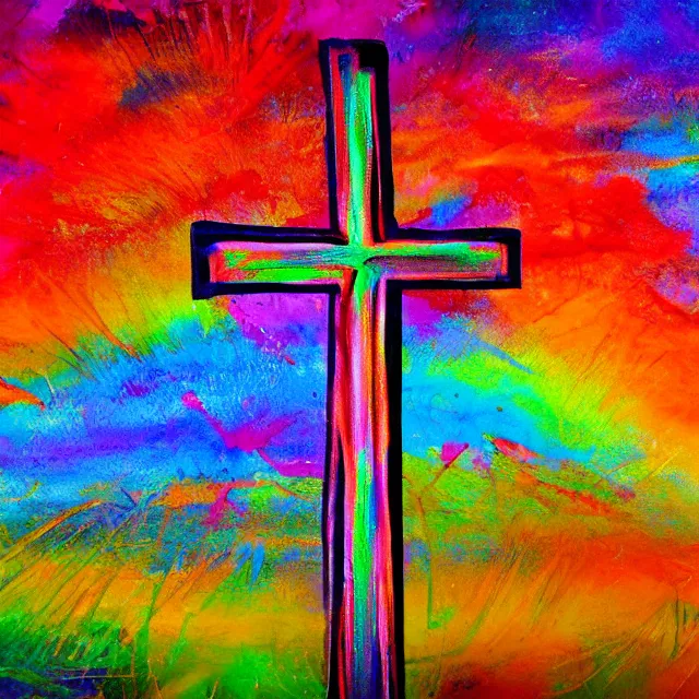 Prompt: wooden cross in rainbow flames, finger painting