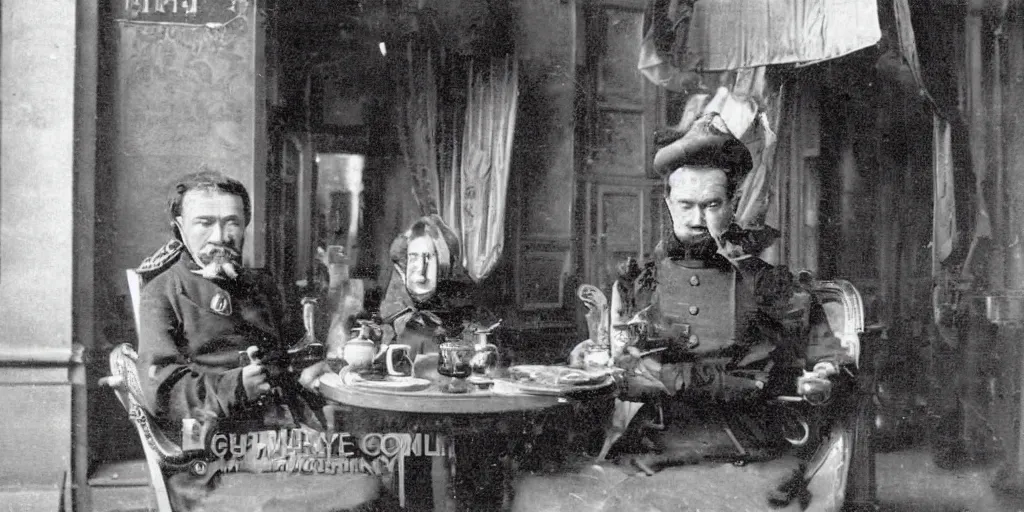 Prompt: an old photo from the 19th century captures the image of Kang The Conqueror drinking coffee in a 19th century cafe, realistic, black and white photography.