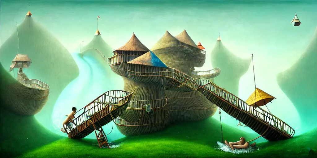 Image similar to gediminas pranckevicius waterpark painting by cinematic lighting, epic composition, highly detailed, infinite patch, fun, happy, ride, very long, endeless