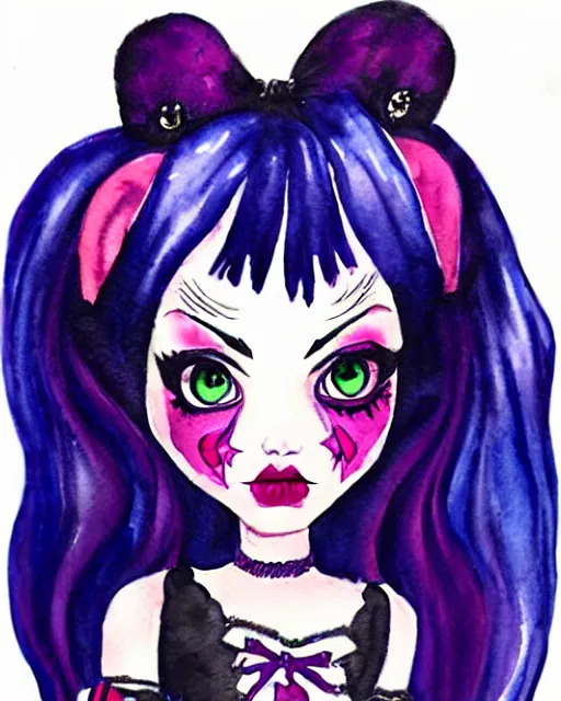 Image similar to watercolor portrait of monster high draculaura doll, by darkodordevic, blanca alvarez, liu yi, watercolor