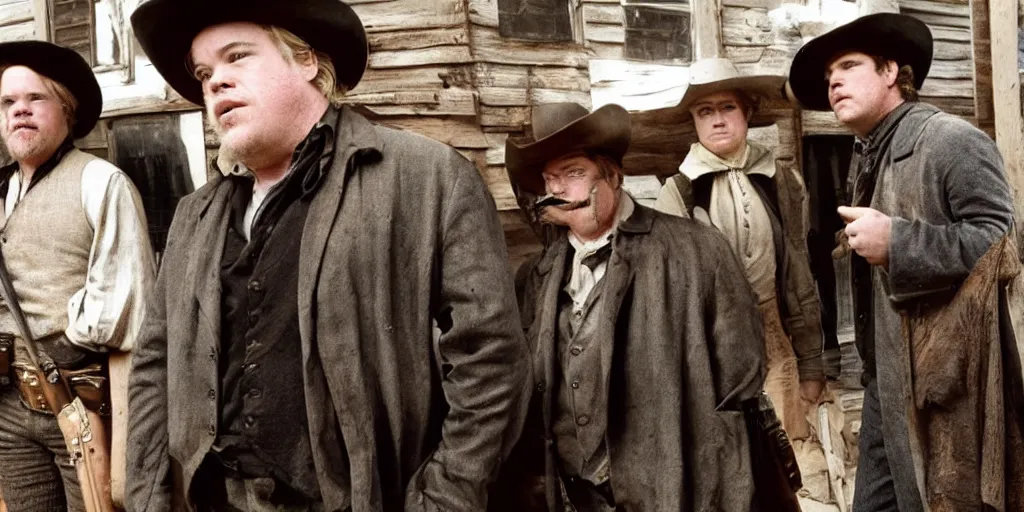 Image similar to Phillip Seymour Hoffman, in an old west town, flanked by two bandits