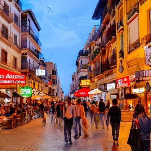 Image similar to a busy side street in valencia, people outside eating meals, taverns nighttime lifestyle, photorealistic