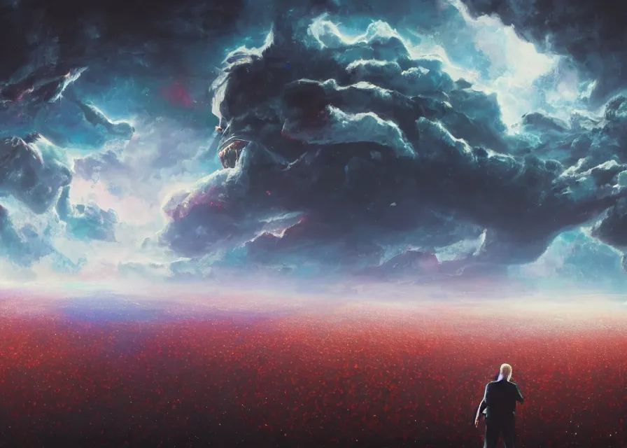 Image similar to large abstract painting of giant grinning evil dynamic Joe Biden hidden amidst cosmic clouds at giant immense crowd of person army, trending on ArtStation, masterpiece, by Ciurlionis, octane, lightbeam eyes, oil on canvas, moody lighting, lights beaming out of eyes, cinematic, professional environment concept art