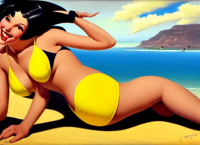 Image similar to the style of the artist gil elvgren, a girl with black hair, overwatch tracer, with a very beautiful symmetrical face, a smile on her face, tanned skin, in a yellow bikini, against the background of a sea beach, in art style, high detail, digital painting, hyperrealism