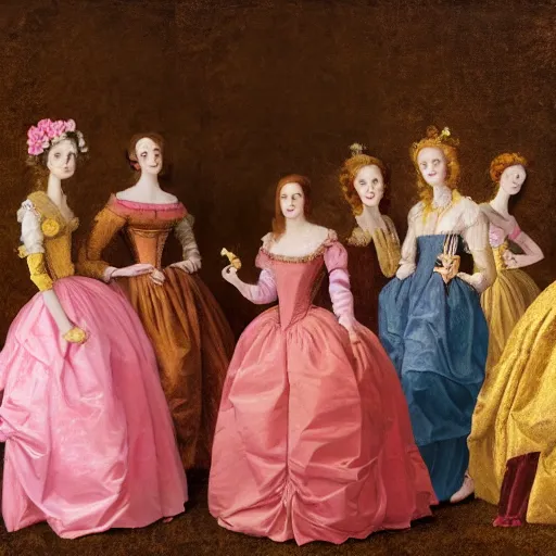 Prompt: group of skinny female artist wearing renaissance dresses, pink and gold flowers in the style of realism, cinematic, high octane render, tonalism, rococo, manga