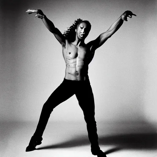 Prompt: extremely dynamic person, energetic and vigorous dance movement, gesticulation, poetry in motion, thick strong arms, beeffy torso, thin legs, by robert longo, by philippe halsman, by antoine d'agata