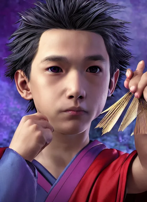 Image similar to An epic fantasy comic book style portrait painting of a young boy with straight indigo hair, purple eyes with red eye markers, slim body, wearing a detailed Japanese kimono with traits of the god Fuujin, holding a pair of fans. Unreal 5, DAZ, hyperrealistic, octane render, cosplay, RPG portrait, dynamic lighting