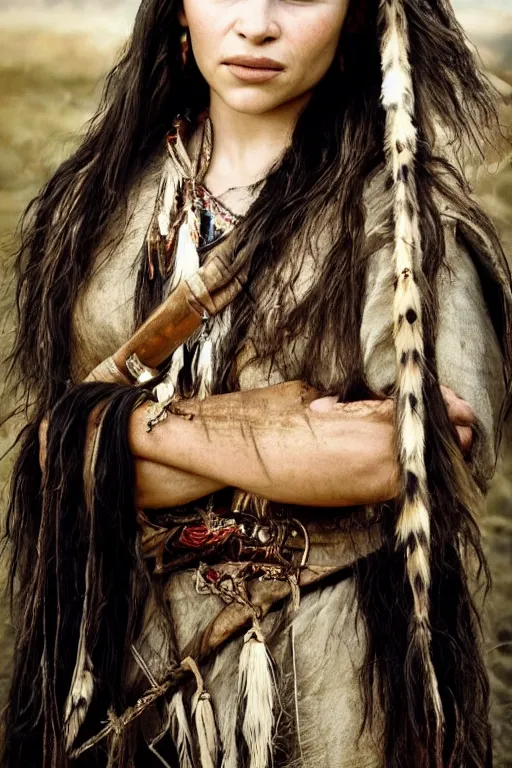 Prompt: Photo of Native American indian woman Emilia Clarke, portrait, skilled warrior of the Apache, ancient, realistic, detailed, Emilia Clarke