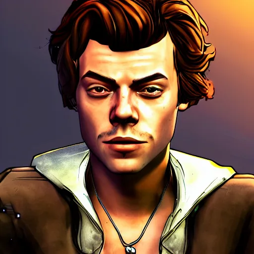 Image similar to harry styles portrait, borderlands, tales from the borderlands, the wolf among us, comic, cinematic lighting, studio quality, 8 k