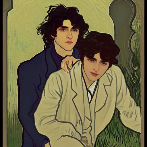 Prompt: painting of young cute handsome beautiful dark medium wavy hair man in his 2 0 s named shadow taehyung and cute handsome beautiful min - jun together at the graveyard party, ghostly, haunted gravestones, ghosts, autumn! colors, elegant, wearing suits!, clothes!, clear, delicate facial features, art by alphonse mucha, vincent van gogh, egon schiele