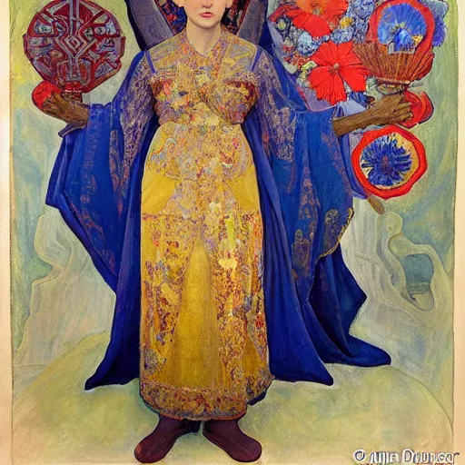 Prompt: queen of the dawn with her lantern and regalia, by Annie Swynnerton!! and Nicholas Roerich! and ((((((Diego Rivera)))))), embroidered robes, floral tattoos, bioluminescent skin!, elaborate costume, geometric ornament, symbolist, soft colors, dramatic lighting, smooth, sharp focus, extremely detailed