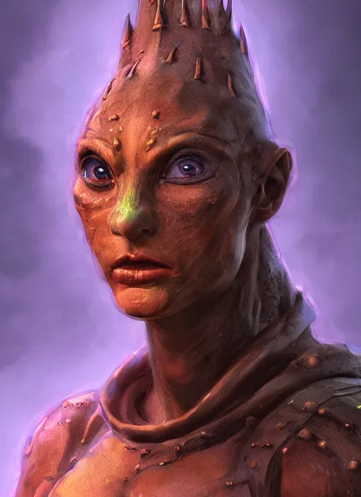 Image similar to A fantasy comic book style portrait painting of a humanoid lizard, dressed as Joan of Arch. Atmospheric dark fortress, unreal 5, DAZ, hyperrealistic, octane render, RPG portrait, ambient light, dynamic lighting